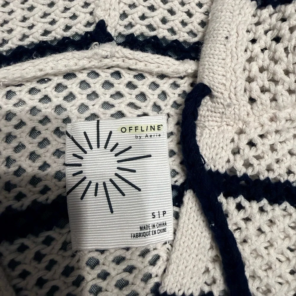 Offline by Aerie Striped Knit Crochet Hoodie and Shorts Set Cover Cream Navy S M - Picture 5 of 5